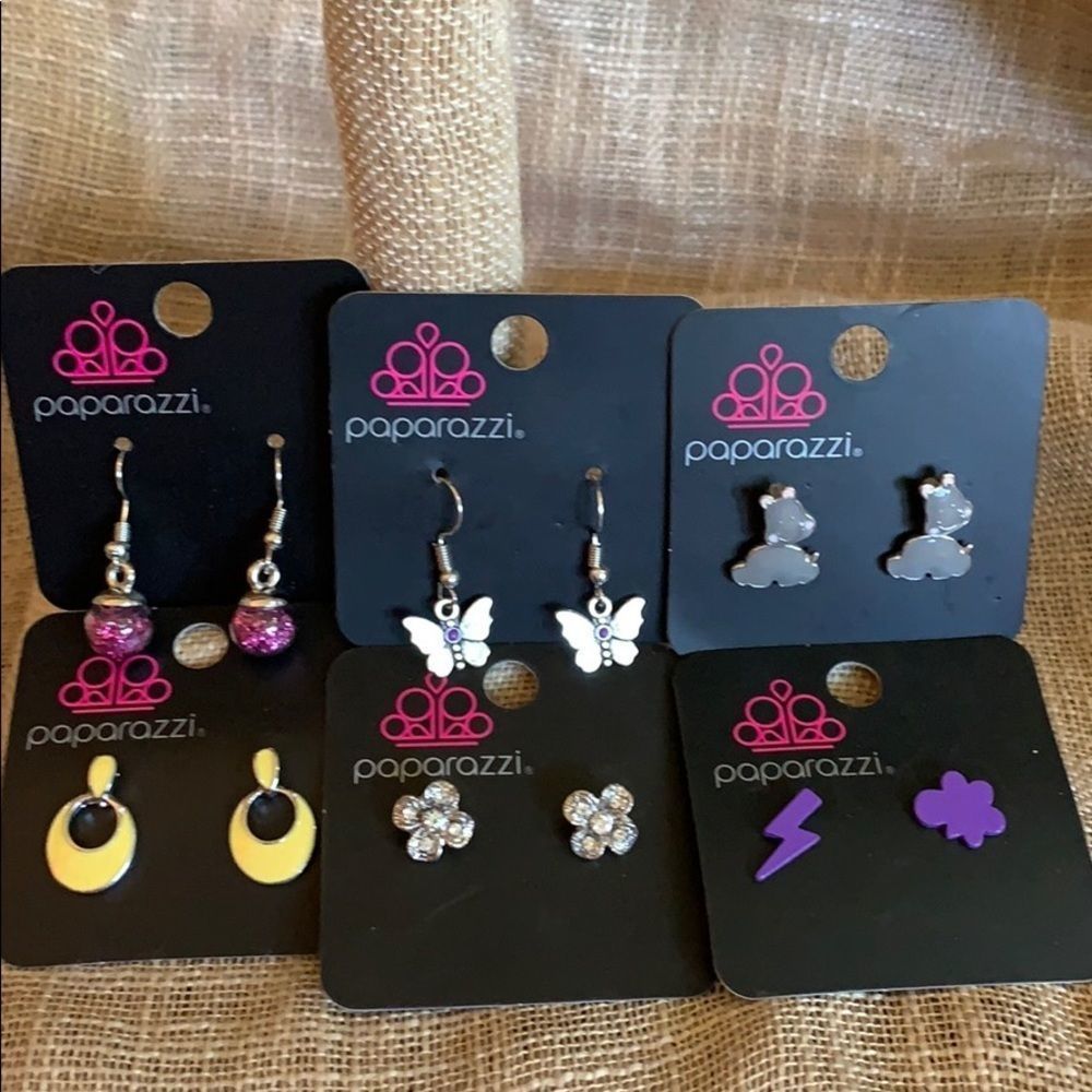 6 kids earrings- glitter balls, butterflies, hippo